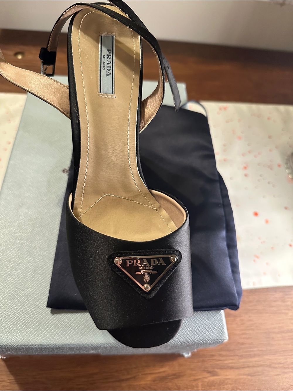 Prada Black Satin Slingback Heels with Gold Logo Plaque